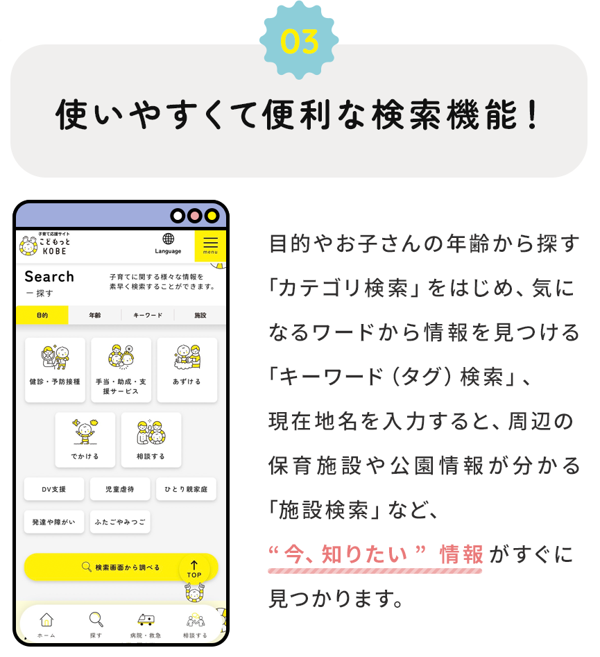 ３．使いやすくて便利な検索機能！ 目的やお子さんの年齢から探す「カテゴリ検索」をはじめ、気になるワードから情報をみつける「キーワード検索」、現在地名を入力すると、周辺の保育施設や公園情報が分かる「施設検索」など、”今、知りたい”情報がすぐに見つかります。
