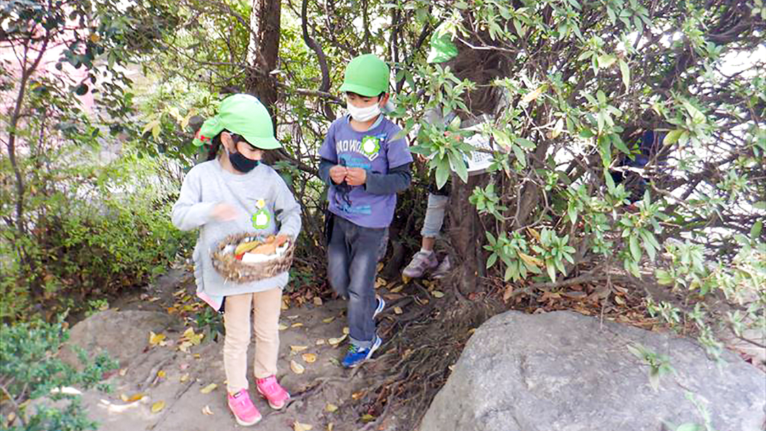 緑に囲まれた公園で落ち葉をたくさん集めたり、木々の間をすり抜けたりする子供たち。